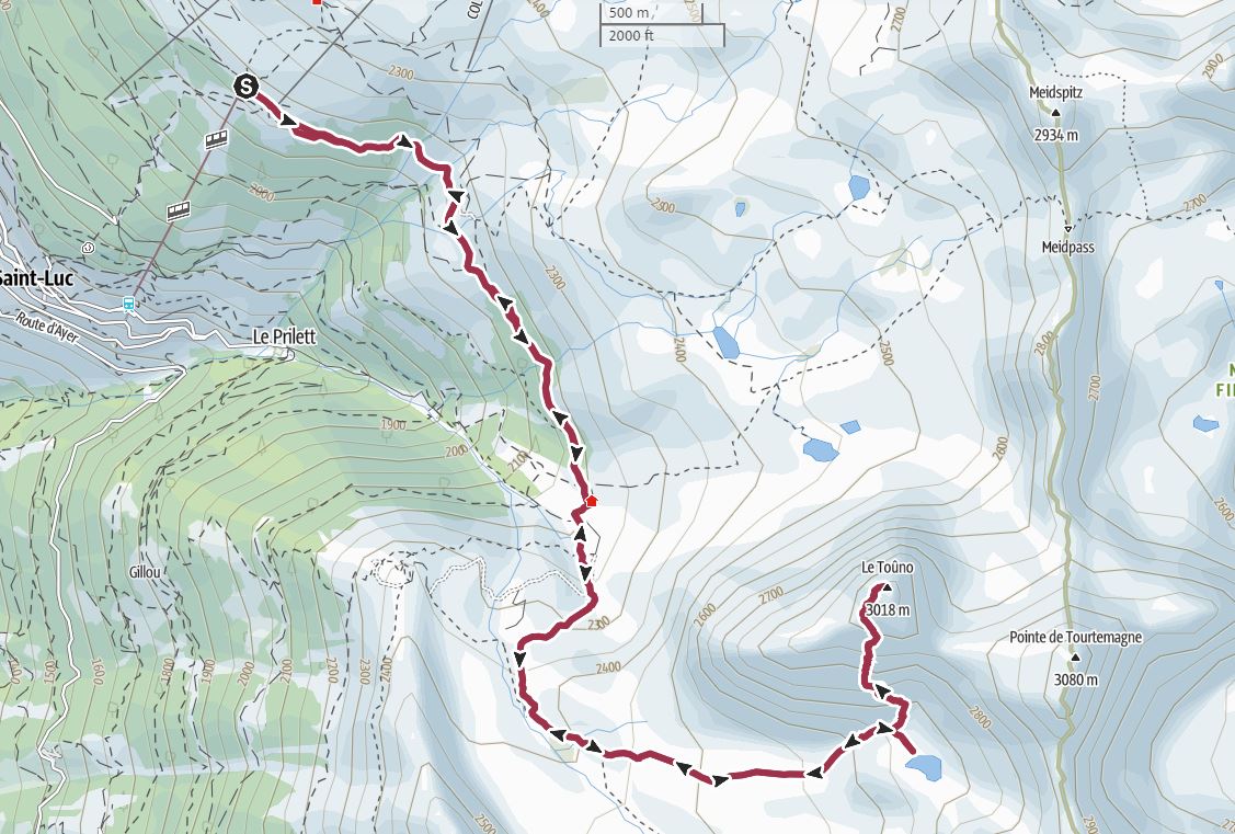 La carte de la randonnée Tignousa - Toûno aller et retour par le même chemin.