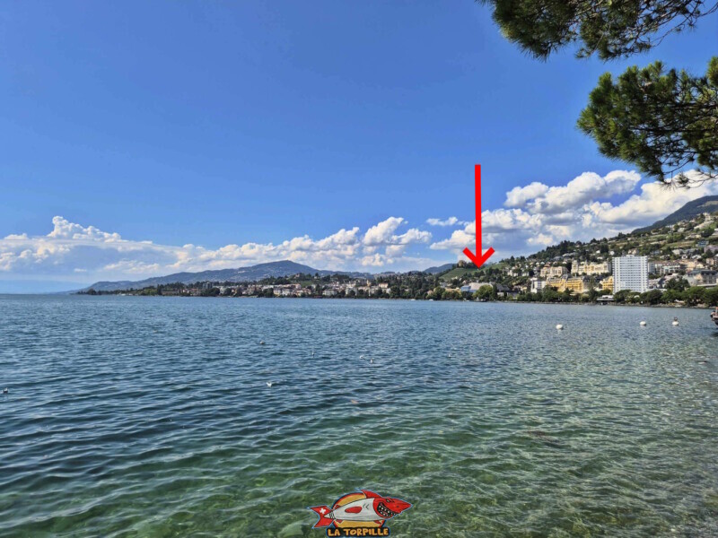 La vue sur le bord du Léman depuis l'esplanade Freddie Mercury de Montreux. Le 2m2c à gauche du Montreux Palace et ses stores jaunes. La vue sur le bord du Léman depuis l'esplanade Freddie Mercury de Montreux. Le 2m2c à gauche du Montreux Palace et ses stores jaunes.
