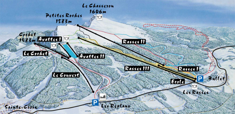 La carte du domaine skiable de Ste-Croix - Les Rasses.