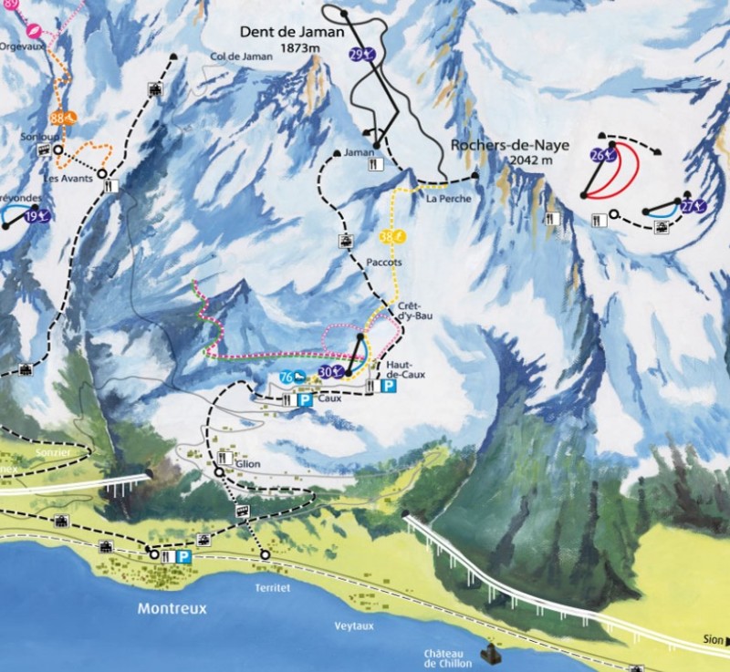 La carte du domaine skiable des Rochers de Naye.