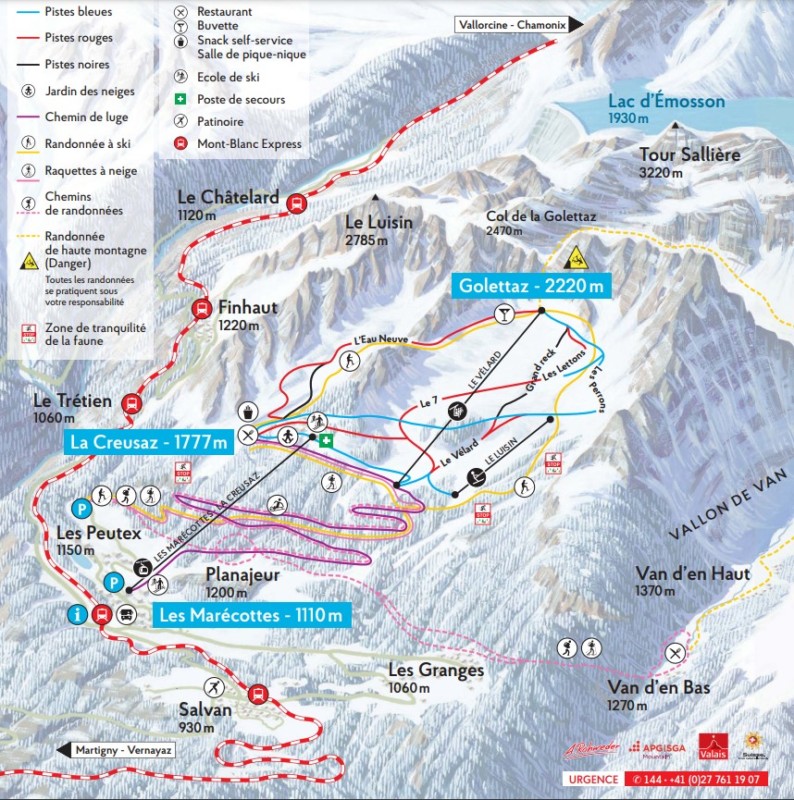La carte du domaine skiable des Marécottes.