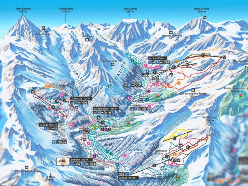 La carte du domaine skiable de l'Espace Dent Blanche avec La Forclaz, Lannaz et Arolla