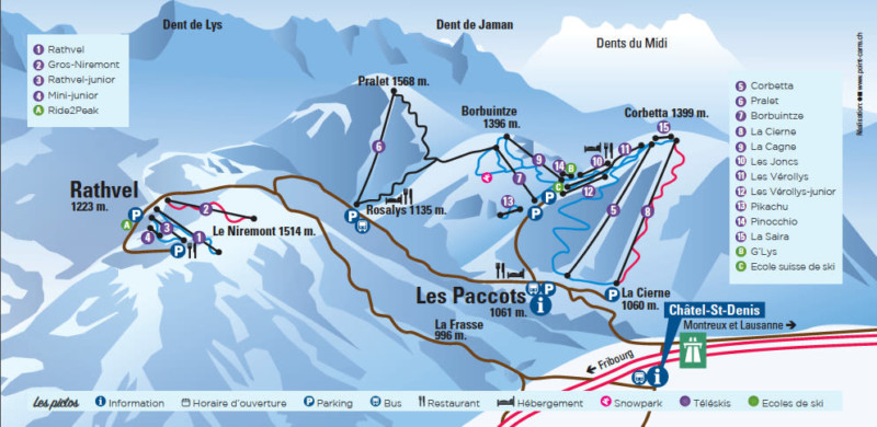 La carte du domaine skiable de Rathvel sur la gauche. A droite, le domaine skiable des Paccots.