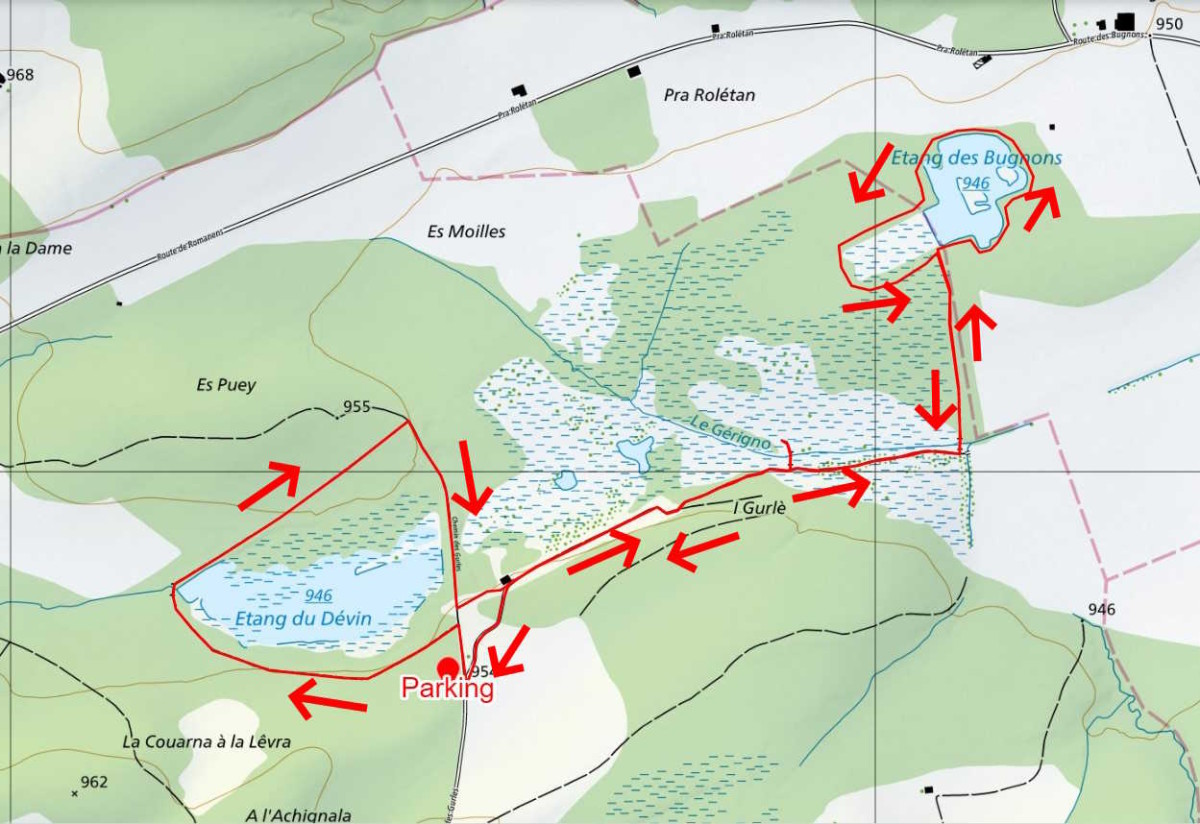 Une balade, à partir du parking de l'étang du Devin, permet de découvrir les étangs des Bugnons et du Devin dans le marais des Gurles. Longueur : 3.7 km ; Dénivelé positif : 40 m ; Temps : 1 h 15.