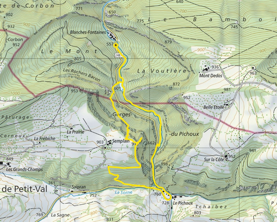 La carte de la randonnée par le lac d'Undervelier et les gorges du Pichoux