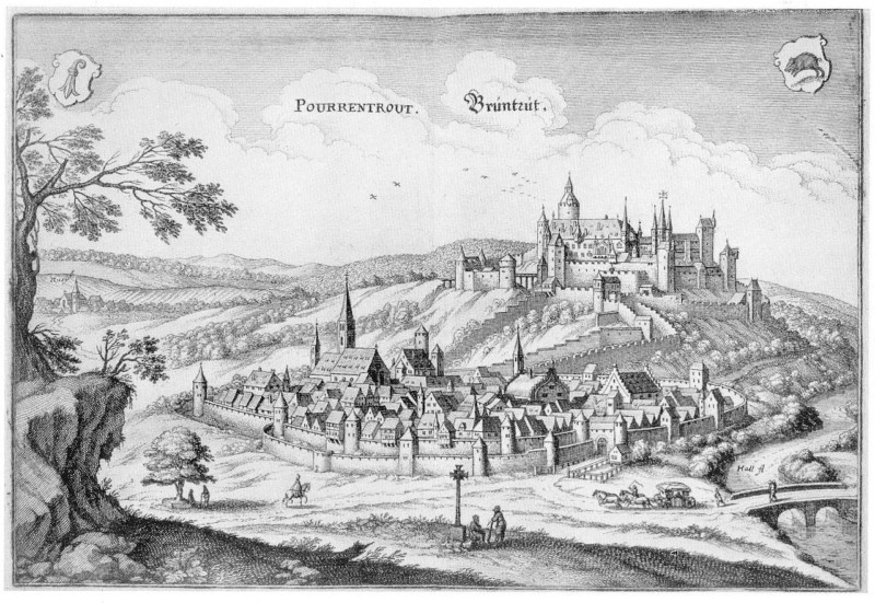 Image du 17e siècle avec la vieille ville et le château de Porrentruy, particulièrement beau à l'époque