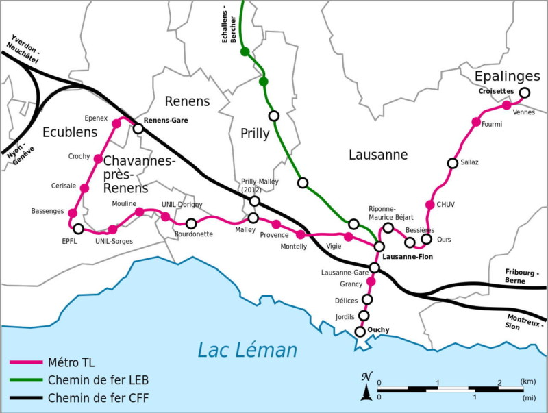Les trains de la région lausannoise. En rose, le M1 Lausanne - Flon ↔ Renens CFF et le M2 Ouchy ↔ Epalinges. En vert, le LEB et en noir, les lignes CFF