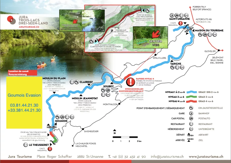 Les différents points de départ et d'arrivée des parcours en canoë proposés par Goumois Évasion