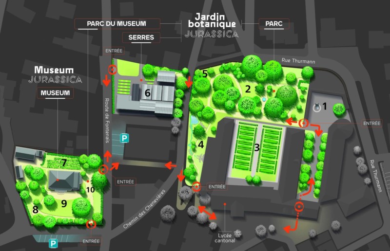 Un plan des espaces verts du museum, des serres et du jardin botaniques.