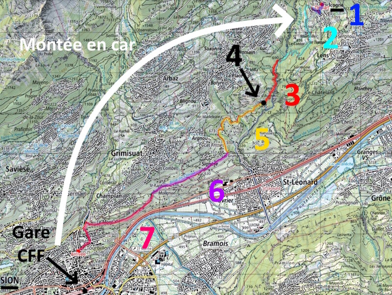 Les étapes de la randonnée le long du bisse de Clavau.