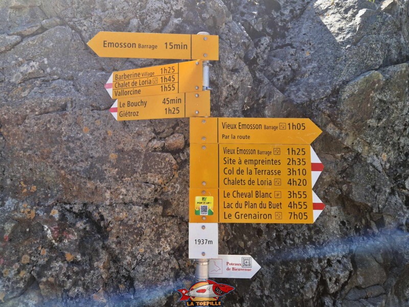 Un panneau indicateur le long du bord ouest du lac d'Emosson peu après le barrage.