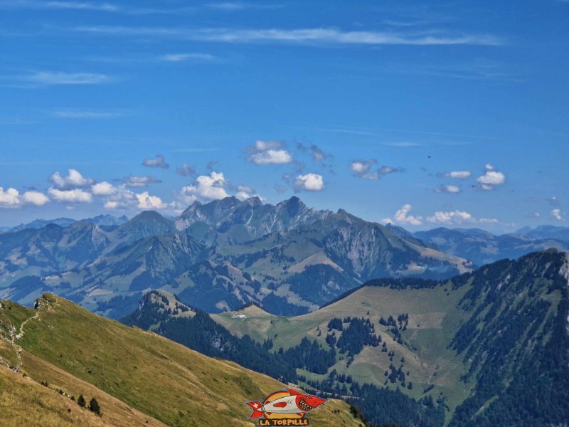 Le sommet des Alpes fribourgeoise avec, au centre de l'image de gauche à droite, la Dent de Brenleire (2353 m), le Vanil Noir (2388 m), le Vanil de d'Ecri (2375 m) et la Pointe de Paray (2374 m).