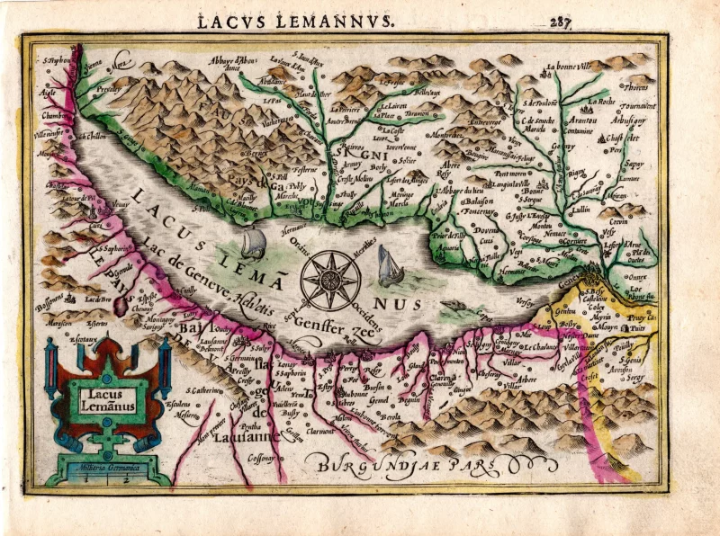 Une carte du Léman datant du début du 17e siècle où le lac est appelé "lacus Lemanus". C'est d'ailleurs de cette façon que Jules César appelait le Léman.