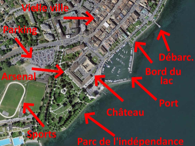 Un plan montrant le parking et le château de Morges avec divers curiosités.