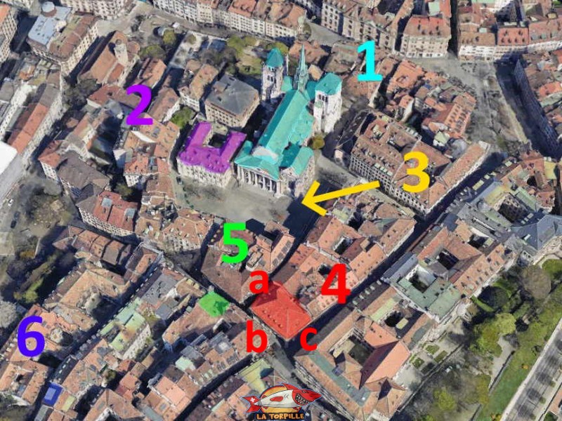 Un plan de la vieille ville de Genève. La cathédrale (1), la maison Mallet (2), l'entrée du site archéologique (3), l'ancien arsenal (4), la maison Tavel (5), le musée Barbier-Mueller (6).