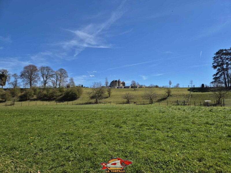 La vue depuis le sud-ouest sur le château depuis la ferme de la Fondation St-Barthelémy.