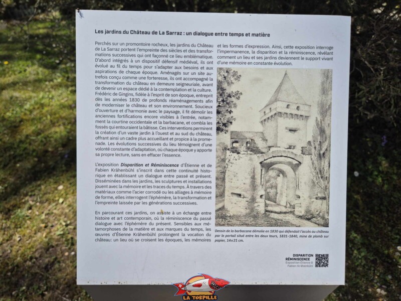 Une image qui montre la barbacane détruite en 1830. Il s'agissait d'un ouvrage qui défendait l'entrée principale du château. Le meilleur exemple de barbacane encore existante en Suisse romande se trouve au château de Chenaux, à Estavayer-le-Lac. Château de La Sarraz, canton de Vaud.