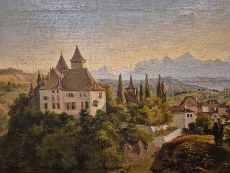 Le château de La Saarz vu du nord-ouest, vers 1830. Huile sur toile. Collections Château de La Sarraz.