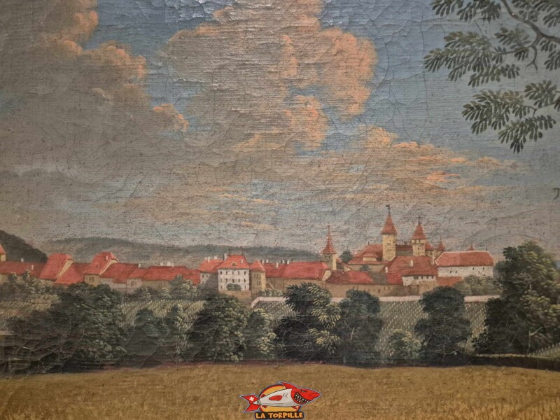 Vue du château et du bourg de La Sarraz depuis Éclépens, vers 1720. Huile sur toile. Collections Château de La Sarraz.