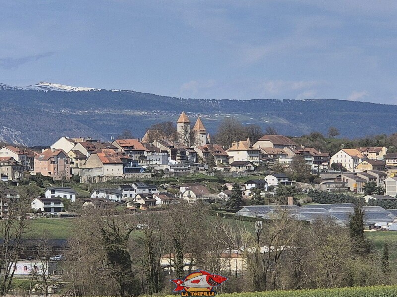 La voie éloignée sur le château de La Sarraz, depuis la route de Cossonay, au sud. Château de La Sarraz, canton de Vaud.