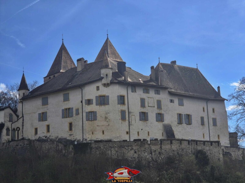 La voie éloignée sur le château de La Sarraz, depuis la route de Pompaples, au nord-ouest. Château de La Sarraz, canton de Vaud.