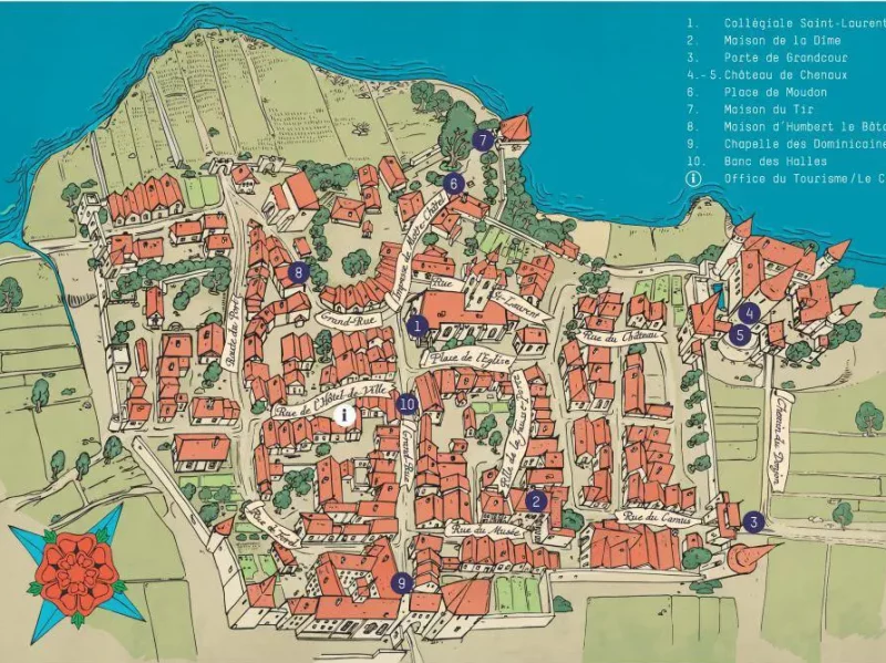 Un dessin de la ville médiévale d'Estavayer où l'on peut voir le niveau du rivage d'autrefois.