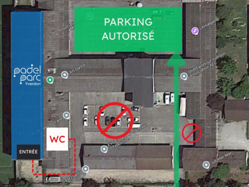 Un plan qui montre l'emplacement du Padel Parc Yverdon avec la zone de parking. Un plan qui montre l'emplacement du Padel Parc Yverdon avec la zone de parking.