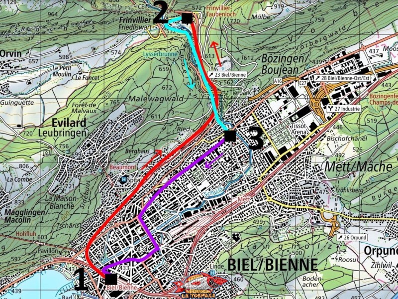Le résumé de la boucle. En rouge, la montée en train. En bleu, la descente des gorges. En violet, le retour en bus.