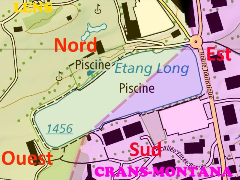 Le plan de l'Étang Long. On remarque qu'il est partagé entre les communes de Lens (jaune) et Crans-Montana (violet). Étang Long, Crans-Montana, Lens, Valais central.