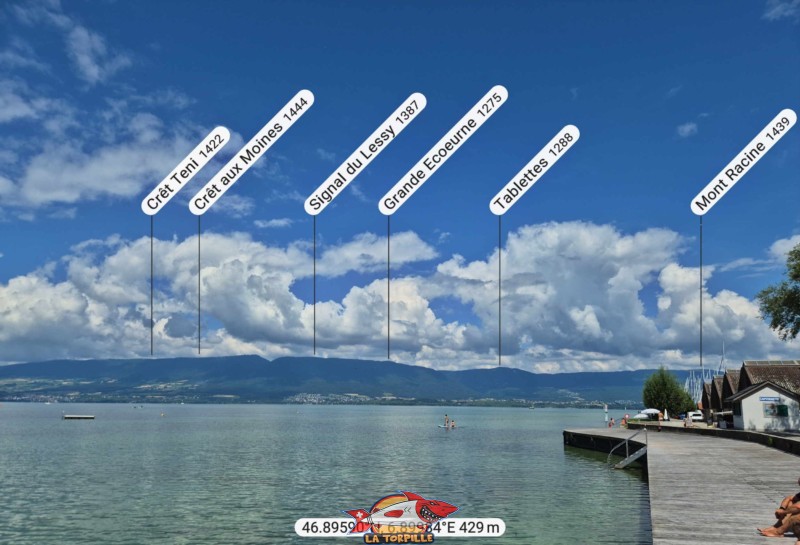 La vue direction ouest, en direction de la chaine du Jura. Crêt aux Moines, Tablettes, Mont Racine. Plage de Chevroux La vue direction ouest, en direction de la chaine du Jura. Crêt aux Moines, Tablettes, Mont Racine. Plage de Chevroux