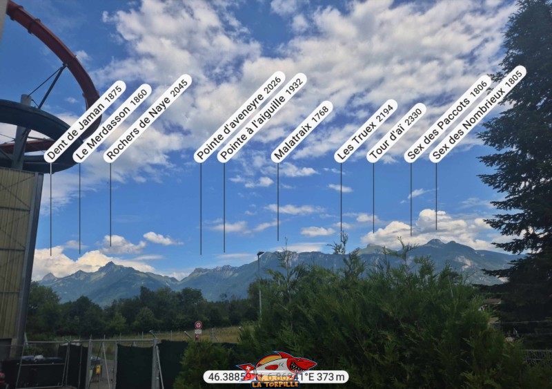 Le panorama sur les Alpes vaudoises depuis la pelouse d'Aquaparc. On remarque facilement les Rochers de Naye. Le panorama sur les Alpes vaudoises depuis la pelouse d'Aquaparc. On remarque facilement les Rochers de Naye.