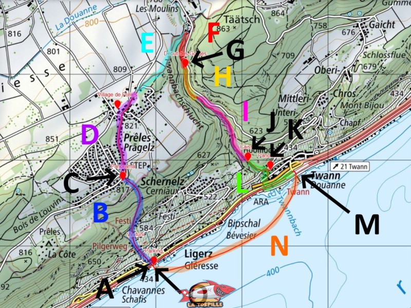 Le plan du parcours en boucle passant par les gorges de Douanne.