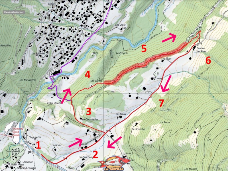 Le descriptif du parcours. En violet, l'accès depuis la gare de Champéry.