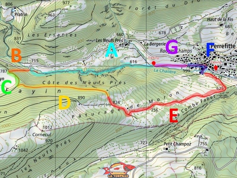 Les différentes parties de la boucle de la randonnée.