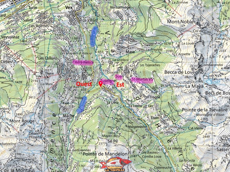 L'emplacement des Pyramides, à côté du village d'Euseigne. Les rivières de la Borgne et de la Dixence. Les village d'Hérémence, de Suen et de St-Martin. L'emplacement des Pyramides, à côté du village d'Euseigne. Les rivières de la Borgne et de la Dixence. Les village d'Hérémence, de Suen et de St-Martin.