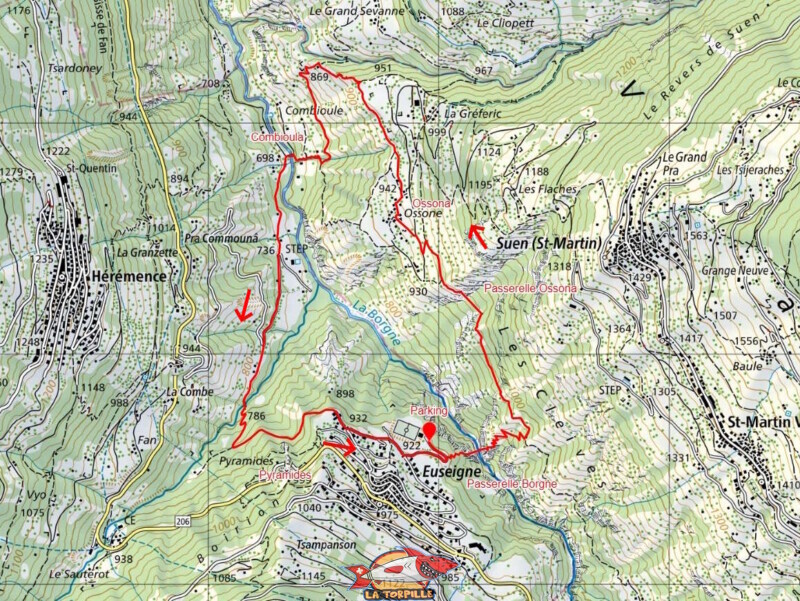 Le parcours du tour des Passerelles depuis Euseigne dans le sens antihoraire.
