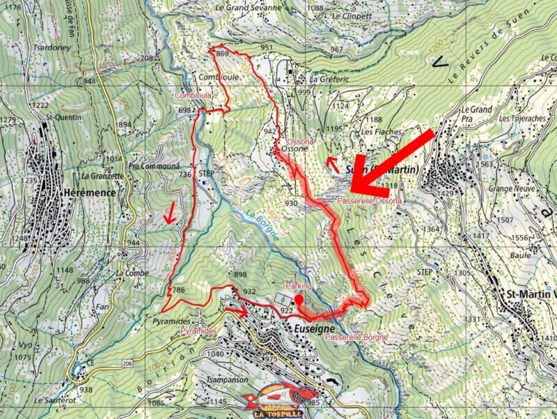 Le parcours entre Euseigne et Ossona, trait rouge épais, sur le tour des Passerelles (voir plus loin). La grosse flèche rouge indique la position de la passerelle de la Grande Combe.