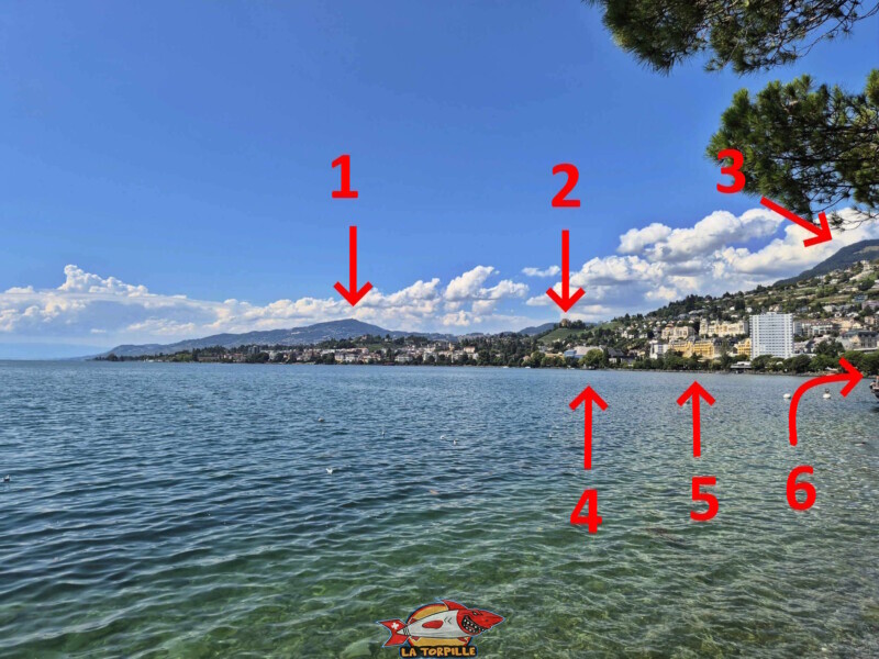 1 : Mont Pélerin, 2 : château du Châtelard, 3 : les Pléiades, 4: 2m2c, 5: Montreux Palace, 6 : débarcadère CGN de Montreux. 1 : Mont Pélerin, 2 : château du Châtelard, 3 : les Pléiades, 4: 2m2c, 5: Montreux Palace, 6 : débarcadère CGN de Montreux.
