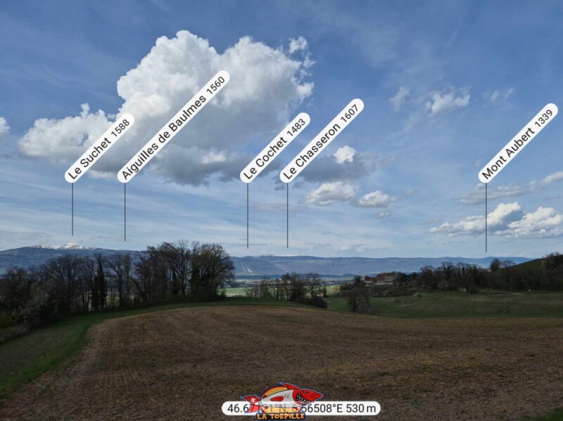 Le château de Bavois au milieu de l'image, avec, en arrière-plan, la chaîne du Jura. Le Suchet, le Chasseron.