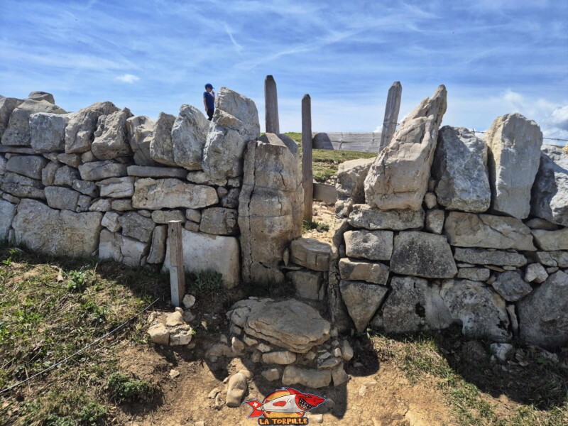Un passage étroit qui permet de traverser le mur en pierres sèches. Creux du Van