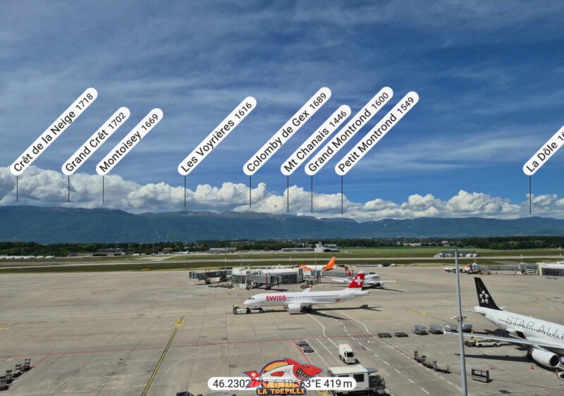 Le panorama direction nord-ouest depuis la terrasse de l'aéroport de Genève.