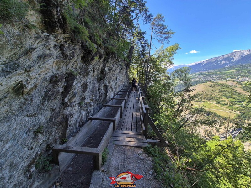 Zone vertigineuse. Grand bisse de Lens, Valais central.
