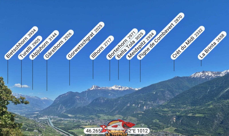 La vue direction est. Bietschhorn, Illhorn, Bella Tola, Crêt du Midi. La vue direction est. Bietschhorn, Illhorn, Bella Tola, Crêt du Midi.