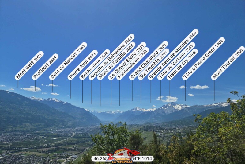 La vue direction ouest. La Dent de Nendaz, Pierre Avoi, Mont de l'Arpille, Grand Chavalard, Grande Dent de Morcles, Haut de Cry. La vue direction ouest. La Dent de Nendaz, Pierre Avoi, Mont de l'Arpille, Grand Chavalard, Grande Dent de Morcles, Haut de Cry.