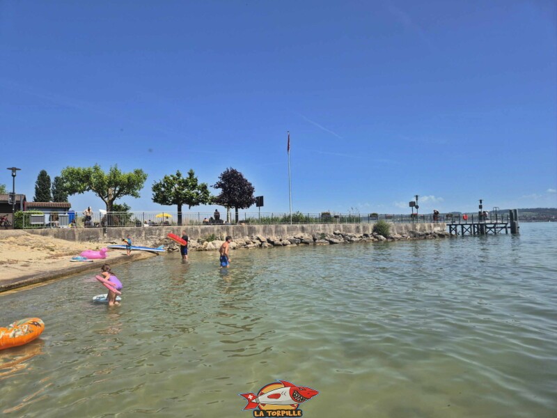 Le ponton du débarcadère de Môtier depuis la plage de sable, à l'ouest.
