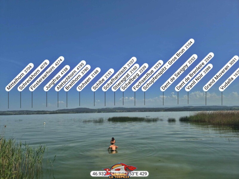 Les Alpes bernoises et les Préalpes fribourgeoises au loin et par excellente visibilité. Petite Plage de Vallamand, Vully-les-Lacs. Les Alpes bernoises et les Préalpes fribourgeoises au loin et par excellente visibilité. Petite Plage de Vallamand, Vully-les-Lacs.
