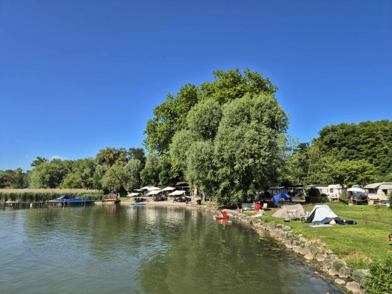 La petite zone de pelouse et les enrochements. Plage du Camping Muntelier, région Morat.