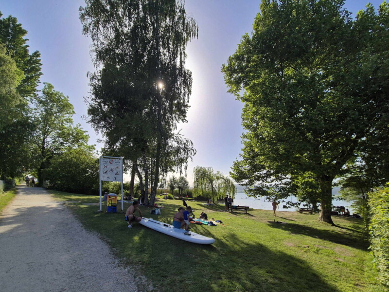 Pelouse. Plage municipale de Montilier, région du lac, canton de Fribourg, lac de Morat.