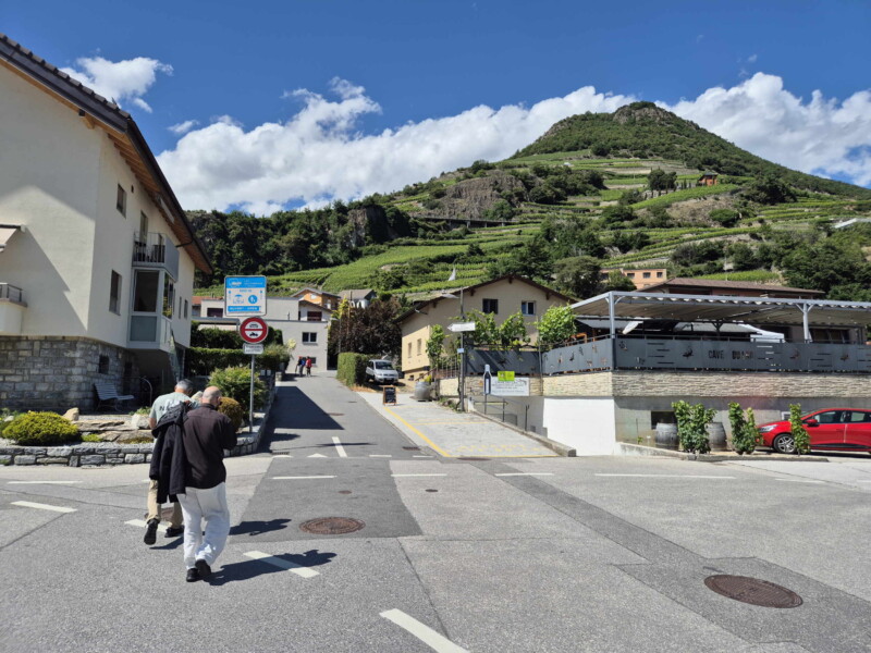 La vue depuis le parking. En arrière-plan, la colline du Châtelard au sommet de laquelle se trouve la statue du Christ-Roi et autour de laquelle coulent le bisse de Lens et le bisse de Sillondin. La vue depuis le parking. En arrière-plan, la colline du Châtelard au sommet de laquelle se trouve la statue du Christ-Roi et autour de laquelle coulent le bisse de Lens et le bisse de Sillondin.