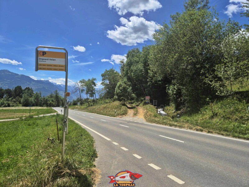 L'arrêt de bus "Zegeard-Valan" sur la ligne Sion -Savièse - Arbaz - Anzère juste au niveau du départ de la balade et du parking. Bisse de Grimisuat